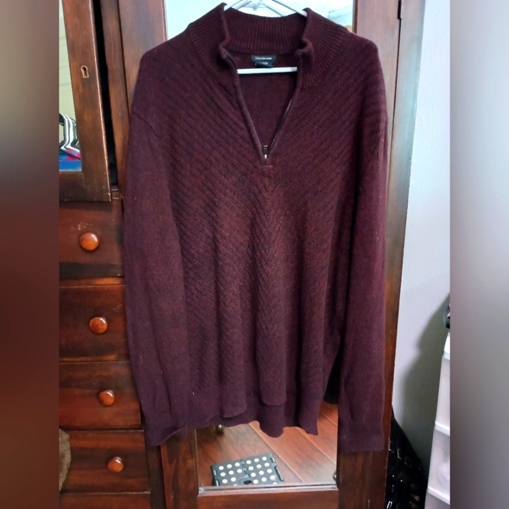 Calvin Klein Sweater Mens XL Burgundy 1/4 Zip Cotton Pullover Mock Neck